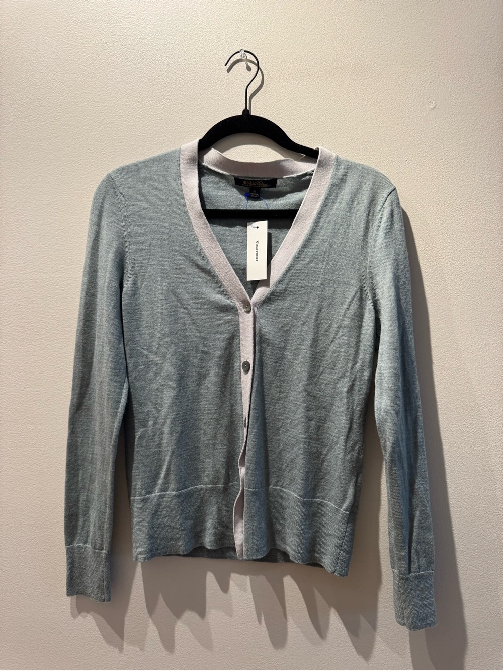Brooks Brothers 100% Merino Wool Light Blue Cardigan with White Trim